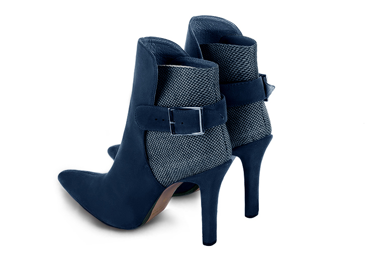 Navy blue women's ankle boots with buckles at the back. Tapered toe. Very high slim heel. Rear view - Florence KOOIJMAN